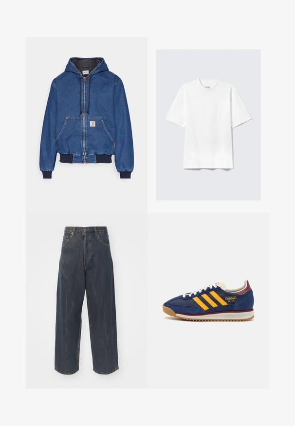 Carhartt WIP - Kurtka jeansowa; Płaska biała koszulka z krótkim rękawem o luźnym kroju położona na jasnoszarym tle.; Szerokie, ciemnoniebieskie dżinsy z subtelnym efektem przetarcia, pięć kieszeni oraz klasyczne zapięcie na guzik i zamek błyskawiczny w talii.; Granatowe zamszowe sneakersy z żółtymi paskami, białymi sznurowadłami i burgundowymi akcentami. Teksturowana podeszwa z rowkami zapewniającymi przyczepność. Logo marki na boku.