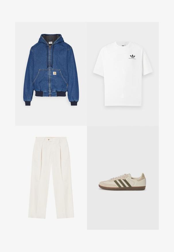 Carhartt WIP ACTIVE JACKET - Jakna iz džinsa - blue stone washed; Bela bombažna majica s kratkimi rokavi, ki na sprednji strani vsebuje črn logotip "BASKETBALL" in ikoničen dizajn treh črt.; Bele, široke hlače z nagubami spredaj, z enim gumbom na zapiranju in stranskimi žepi. Gladka tekstura in krojena zasnova.; adidas Originals SAMBA OG UNISEX - Športni copati - alumina/medium dark khaki/gum