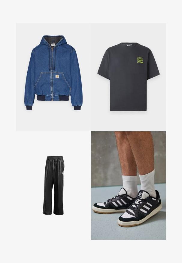 Carhartt WIP ACTIVE JACKET - Cowboyjakker - blue stone washed; Kulgrå Adidas T-shirt med korte ærmer og en lille neon grøn grafik af højttalere, sol og Adidas-logo på venstre bryst.; Sorte syntetiske træningsbukser med elastisk talje, prydet med hvide side-striber og et lille hvidt logo på venstre hofte.; Sorte og hvide sneakers med en overdel i ruskind og læder, der har tre hvide striber, en perforeret tå og en sål i gummigummi.