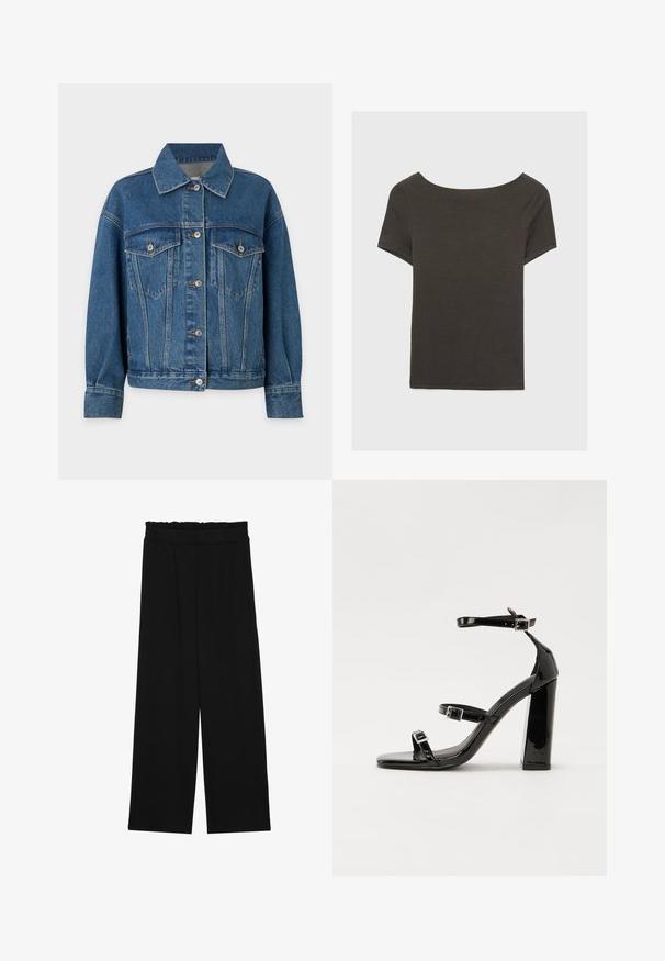 Denim jakna v srednje modri barvi, ki ima ovratnik, gumbasto zapiranje, dva žepa na prsih ter dolge rokave s šivanimi manšetami.; Temno siva kratka majica s čolnasto izrezom. Narejena iz rebraste tkanine, ki ima sproščen kroj in čist rob. Preprost dizajn, brez vzorcev.; Črne široke hlače s nabranim pasom, ki imajo dva stranska žepa in so izdelane iz gladkega, lahkega blaga. Brez vidnih vzorcev ali kovinskega okova.; Črne lakirane sandale s peto, kvadratnim prstom, trakovi okrog gležnja in srebrnimi zaponkami. Opremljene so s stabilno Debelo peto.