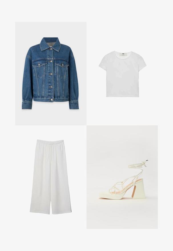 Traper jakna u srednje plavoj boji, sa ovratnikom, dugmadi sprijeda, dva džepa na prsima i dugim rukavima sa šivenim manžetama.; Bijela majica kratkih rukava s okruglim izrezom, izrađena od mekanog pamuka, s jednostavnim, čistim dizajnom bez vidljivih uzoraka ili akcenta.; Bijele hlače širokog kroja izrađene od lagane tkanine, s elastičnim pojasom i vezicom za prilagodljivu veličinu. Glatka tekstura.; Bijela sandala na visokoj potpetici s debelim petom, s remenom i vezanjem oko gležnja. Glatka tekstura s platformom sprijeda za dodatnu visinu.