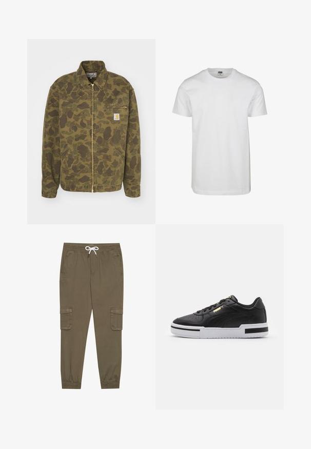 Carhartt WIP DETROIT JACKET - Džinsinis švarkelis - green/office green garment dyed; Balta medvilninė marškinėliai su apvalia iškirpte, trumpomis rankovėmis ir laisvu kirpimu. Etiketėje užrašyta "URBAN CLASSICS." Lygus paviršius, be raštų ar akcentų.; Khaki krovinių kelnės su elastingu juosmeniu ir užtrauktuku, su šoninėmis kišenėmis ir sutrauktomis kulkšnėmis. Pagamintos iš tekstūruotos, lengvos medžiagos.; Juodai odiniai sportbačiai su balta tarpinėmis, perforuotu pirštu, auksiniu logotipu, paminkštintu apykakle ir kontrastingomis juodomis akcentais šone.