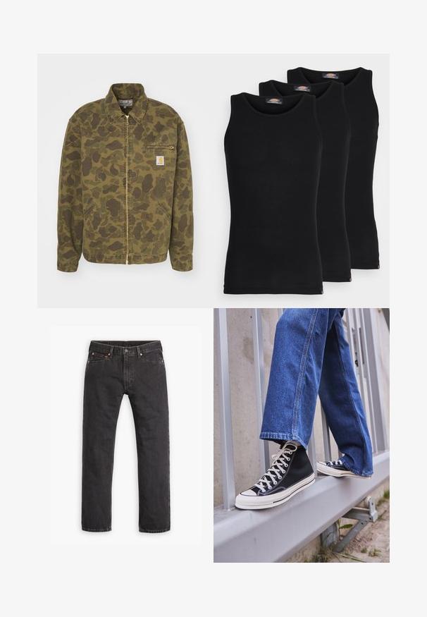 Carhartt WIP DETROIT JACKET - Jakna iz džinsa - green/office green garment dyed; Črne majice brez rokavov v paketu treh. Rebrasta struktura, standardni okrogel izrez, brez rokavov. Rob ima majhen logotip blagovne znamke na dnu.; Črne kavbojke ravne noge z petimi žepi, z gumbom za zapiranje in bakrenimi zakovicami, razpete na beli podlagi.; Črne visoke teniske z belim podplatom in vezalkami, v kombinaciji z ohlapnimi modrimi džinsom, naslonjene na sivo ograjo.
