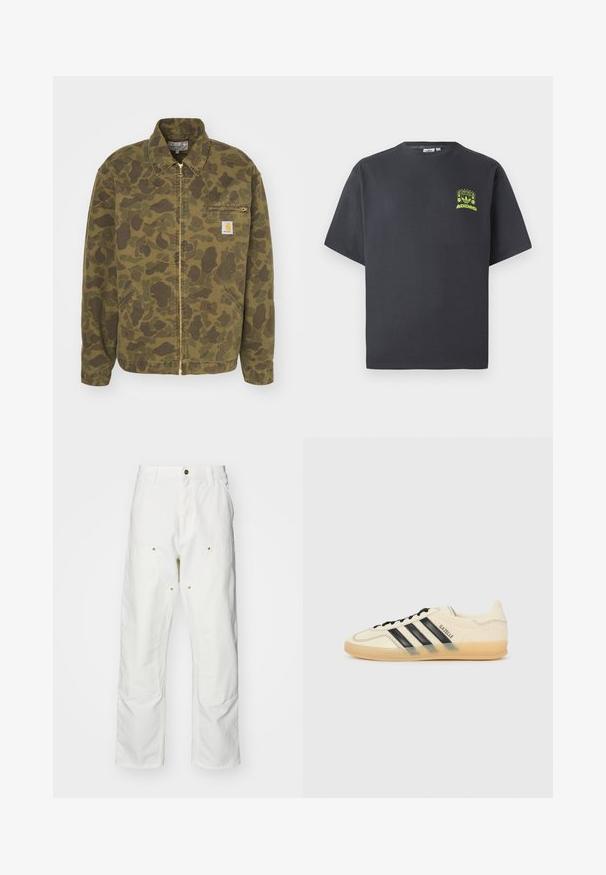 Carhartt WIP DETROIT JACKET - Τζιν μπουφάν - green/office green garment dyed; Γκρίζο ανθρακί T-shirt Adidas με κοντά μανίκια και ένα μικρό νεοναπράσινο γραφικό με ηχεία, ήλιο και το λογότυπο της Adidas στο αριστερό στήθος.; Λευκά βαμβακερά cargo παντελόνια με χαλαρή εφαρμογή. Ενδεικτικά χαρακτηριστικά περιλαμβάνουν μπροστινές τσέπες, χρυσές λεπτομέρειες και ενισχυμένα γόνατα.; Ανοιχτόχρωμο sneakers κρέμα με μαύρες τρεις λωρίδες, υφασμάτινο επάνω μέρος, στρογγυλή μύτη και καουτσούκ σόλα. Διαθέτει κορδόνια και λογότυπο στο πλάι.