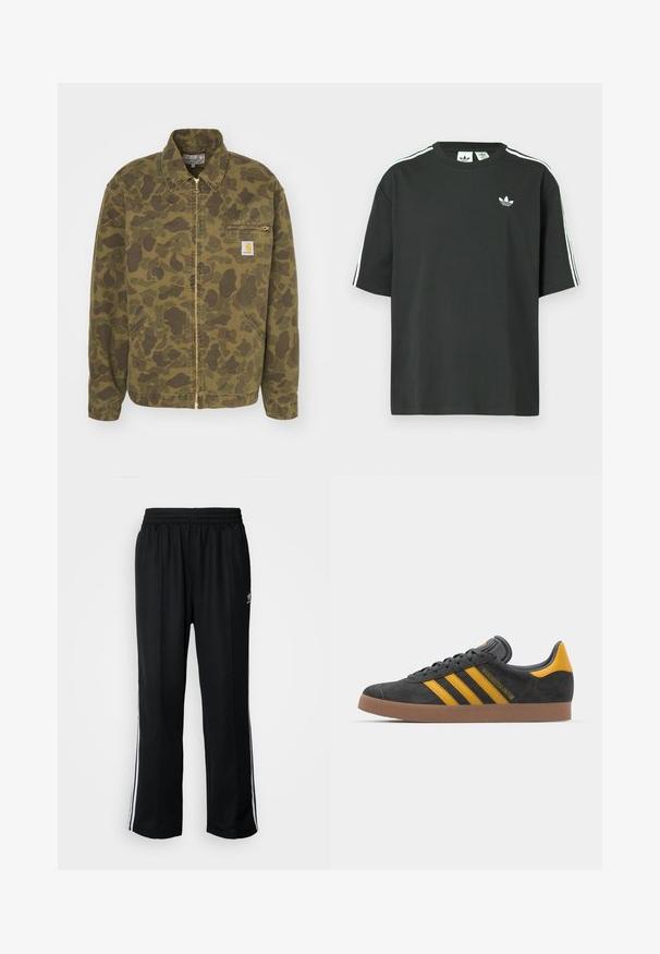 Carhartt WIP DETROIT JACKET - Džínová bunda - green/office green garment dyed; Černé bavlněné tričko s krátkými rukávy, kulatým výstřihem a bílými třemi pruhy na ramenou. Na hrudi je malá bílá logo.; Černé sportovní kalhoty s elastickým pasem, s bílými bočními pruhy a malým logem. Materiál vypadá měkce a lehce.; Černé semišové tenisky se žlutými akcenty, vybavené třemi pruhy a hnědou gumovou podrážkou. Obsahují polstrovaný jazyk pro pohodlí.