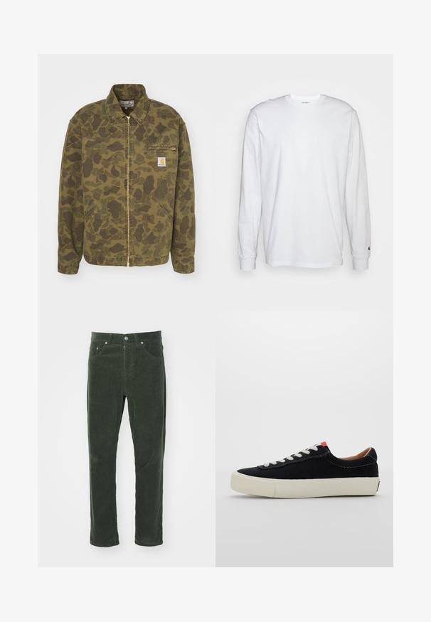 Carhartt WIP DETROIT JACKET - Teksajakk - green/office green garment dyed; Valge pika varrukaga T-särk, mis on valmistatud puuvillast. Ümmargune kaelus, ribaga mansetid ja väike logo vasakul varrukal. Sile tekstuur.; Roheline vaskingpüksid sirge säärega disainiga, viie taskuga, metallist nööp sulgemisega ja tekstuuriga ribaline pind.; Must mustrasneaker mustmustraday valgetus valge nööritega, beež kummist tallaga ja punase aktsendiga kandade juures. Ümar nina ja minimaalne õmblusdetail.