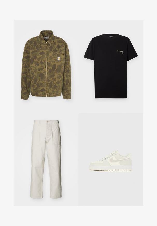 Carhartt WIP DETROIT JACKET - Traper jakna - green/office green garment dyed; Crna pamučna majica s kratkim rukavima, okruglim izrezom i malim bijelim logotipom otisnutim na lijevoj strani prsnog područja.; Svijetlosmeđe široke hlače od pamuka. Imaju prednje džepove i kopčanje na dugme. Glatka tekstura s suptilnim vertikalnim linijama.; Bijele Nike Air Force 1 tenisice s gornjim dijelom od glatke kože, svijetlosivim naglascima, perforacijama na prstu i teksturiranim gumenim potplatom.