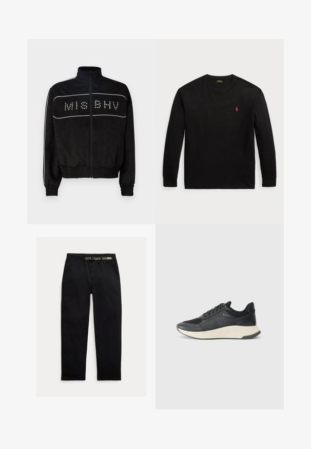 MISBHV STAR - Lengva striukė - black; Juodas ilgomis rankovėmis t-shirt, pagamintas iš medvilnės. Turi apvalų kaklą, suglebusius rankogalius ir mažą raudoną siuvinėtą logotipą ant krūtinės. Lygi tekstūra.; Juodos kelnės, pagamintos iš lengvo audinio, su elastinga juosta ir integruota žalia diržo dalimi, tiesaus kirpimo ir šonomis kišenėmis.; Juodi sportiniai bateliai su tinkleliu, turintys perforacijas, tekstūruotą kremine spalvos tarpinę ir guminį pado paviršių geresniam sukibimui.