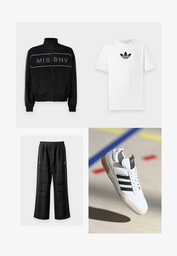 MISBHV STAR - Viegla jaka - black; Balta kokvilnas T-kreklu ar melnu Adidas logo centrā. Īsas piedurknes un apaļas kakla izgriezums. Gluda tekstūra.; Melnas kvadrātveida bikses ar elastīgu jostu, divām priekšējām kabatām un brīvu piegriezumu ar taisnām kājām. Izgatavotas no viegla materiāla.; Baltās Adidas Mundial Goal sporta kurpes ar melnām svītrām un gumijas zoli, parādītas gaisā virs sporta laukuma grīdas ar krāsainām līnijām.