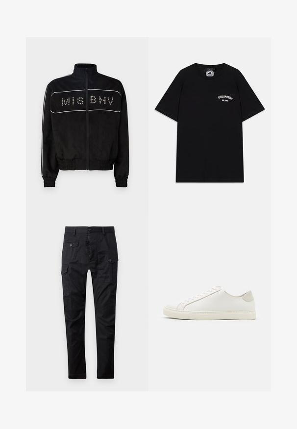 MISBHV STAR - Könnyű dzseki - black; Fekete pamut póló rövid ujjakkal, fehér "DSQUARED2 MILANO" logóval a mellrészen. Kerek nyakú dizájn, sima textúra.; Fekete cargo nadrág tartós anyagból, több zsebbel, gombos zipzárral és egyenes szárú kialakítással. Simas textura és matt felület.; Fehér bőr sneaker sima felülettel, kerek orral és minimalista dizájnnal. Bézs kiemelésekkel a sarokon és gumitalppal rendelkezik.