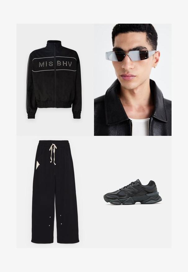 MISBHV STAR - Overgangsjakke - black; Sort kortærmet T-shirt lavet af bomuld med rund hals og afslappet pasform. Glat tekstur med minimale syningsdetaljer.; Sorte bredde ben bukser lavet af blødt stof med snoreliv, sidelommer og en trekantet accentlomme. Sølv hardware detaljer inkluderet.; Sorte løbesko med en blanding af mesh og syntetiske materialer, kraftig sål, buet design og fremtrædende branding på siden.; Vinkelformede gråtonede solbriller med sølvhardware, sat mod en lys baggrund. Linsen har en unik geometrisk form.