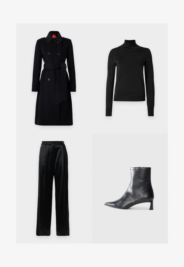 MAX&Co. DAVY - Classic coat - black; Black long-sleeve turtleneck sweater with ribbed cuffs and hem, displayed on a plain white background.; Black high-waist satin trousers with straight wide legs, belt loops, and a flat front closure against a plain white background.; Black leather ankle boot with a pointed toe and a sleek design. Features a low heel and a zipper closure at the back. Smooth texture.