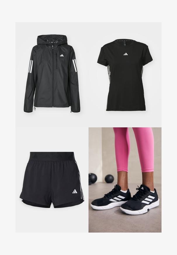 Černá lehká bunda s kapucí, vybavená plným zipem a dvěma bílými pruhy na každém rukávu. Hladká textura, navržena pro venkovní použití.; Černé sportovní tričko s krátkými rukávy, vyrobené ze syntetického materiálu. Má malé bílé logo na hrudi a bílé pruhy po stranách.; Černé sportovní šortky s elastickým pasem, s texturovaným páskem, bočními pruhy a bílým logem Adidas na dolním lemu.; Černé sportovní boty s bílými pruhy, texturovaný síťovinový svršek a bílá podrážka. Nosené s růžovými legínami, které předvádějí tréninkové oblečení.