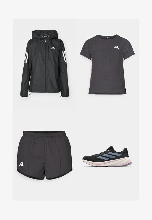 Must must jacket, millel puhvri ja täis tõmblukuga, millel on igal varrukal kaks valget riba. Sile tekstuur, loodud välitingimustes kasutamiseks.; Lühikese varrukaga sportlik T-särk, tumehall, perforatsiooni tekstuuriga. Omab valget logo ja kontrastset külgtriipu. Ümar kaelus.; Mustad mustad lühikesed püksid, mis on valmistatud kerge kangaga, elastse vöökoha ja valge Adidas logo kanssa vasakul all nurgas.; Musts jooksujalanõud, millel on võrgusilmast ülemine osa, heledad lillad aktsendid ja kolm horisontaalset halli triipu. Omab mugavat polsterdatud tallat.