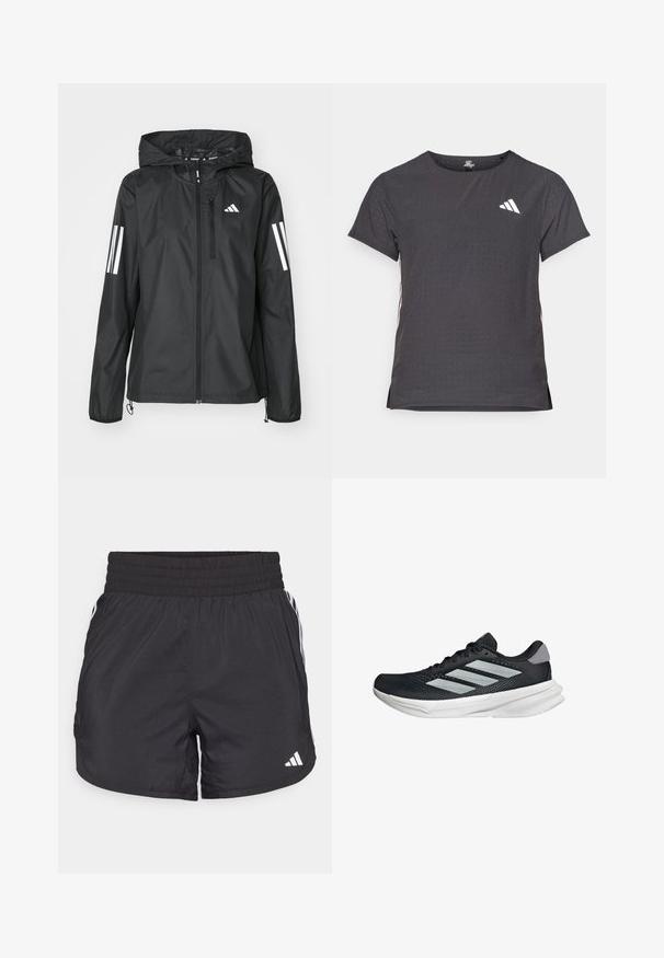 Zwart lichtgewicht jack met capuchon, voorzien van een volledige rits en twee witte strepen op elke mouw. Gladde textuur, ontworpen voor gebruik buiten.; Korte mouwen sport t-shirt, donkergrijs met geperforeerde textuur. Bevat een wit logo en contrasterende zijstrepen. Ronde halslijn.; Zwarte sportieve shorts met een elastische tailleband, zijzakken en witte streepaccenten aan de zijkanten. Gemaakt van lichtgewicht materiaal.; Zwarte hardloopschoen met een mesh bovenzijde, drie zilveren strepen, witte middenzool en een gestructureerde loopzool. Heeft een gevoerde kraag en een vetersluiting.