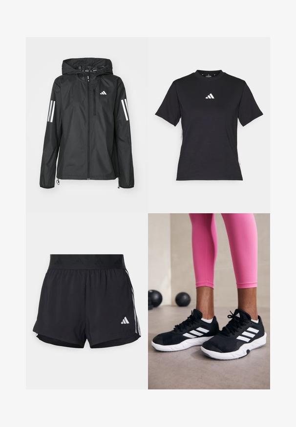 Giacca leggera nera con cappuccio, dotata di una cerniera a tutta lunghezza e due strisce bianche su ciascun manica. Tessuto liscio, progettata per l'uso all'aperto.; T-shirt nero a maniche corte realizzato in tessuto morbido. Presenta un logo bianco Adidas e strisce bianche a contrasto lungo i lati.; Pantaloni sportivi neri con cintura elasticizzata, dotati di una banda testurizzata, strisce laterali e un logo Adidas bianco sull'orlo inferiore.; Scarpe da ginnastica nere con strisce bianche, parte superiore in mesh testurizzato e suola bianca. Indossate con leggings rosa, a mostrare abbigliamento per l'allenamento.