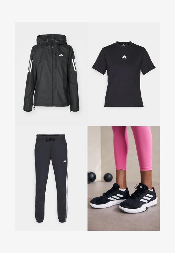 Schwarze leichte Jacke mit Kapuze, ausgestattet mit einem durchgehenden Reißverschluss und zwei weißen Streifen an jedem Ärmel. Glatte Textur, entwickelt für den Außenbereich.; Schwarzes T-Shirt mit kurzen Ärmeln aus weichem Stoff. Mit einem weißen Adidas-Logo und kontrastierenden weißen Streifen an den Seiten.; Marineblaue Jogginghose aus weichem Material, mit weißen Seitenstreifen, einem verstellbaren Bund mit Kordelzug und einem kleinen Logo am linken Oberschenkel.; Schwarze Sportschuhe mit weißen Streifen, strukturiertem Mesh-Obermaterial und einer weißen Sohle. Kombiniert mit pinken Leggings, die Trainingsbekleidung zur Schau stellen.