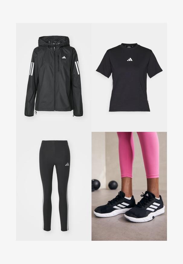 Svart lett jakke med hette, med hel glidelås og to hvite striper på hver erme. Jevn tekstur, designet for utendørs bruk.; Svart T-skjorte med korte ermer laget av mykt stoff. Har en hvit Adidas-logo og kontrasterende hvite striper langs sidene.; Sorte leggings laget av elastisk materiale med hvite sidestriper og en liten reflekterende logo øverst til venstre.; Svarte treningssko med hvite striper, teksturert mesh-overdel og hvit såle. Brukt med rosa leggings, som viser frem treningsklær.