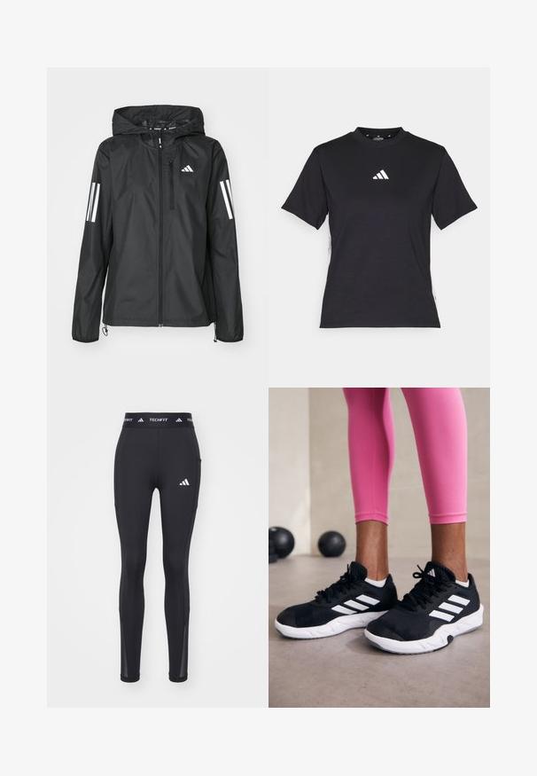 Svart lättviktsjacka med huva, med hel dragkedja och två vita ränder på varje ärm. Slät textur, designad för utomhusbruk.; Svart kortärmad T-shirt i mjukt material. Har en vit Adidas-logotyp och kontrasterande vita ränder längs sidorna.; Svarta träningstights med en åtsittande design, tillverkade av stretchy material, med en logotyp vid höften och nätaccents vid anklarna.; Svarta sportskor med vita ränder, texturerat meshupp, och en vit sula. Bärs med rosa leggings, vilket visar träningskläder.