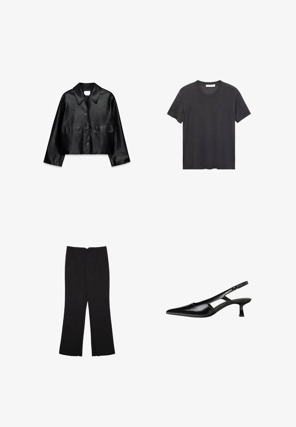 Sort fusk læder cropped jakke med bred spids krave, lange ærmer, frontknapper og to klaplommer.; Sort crew-neck t-shirt lavet af blødt bomuldsstof. Korte ærmer, afslappet pasform og lige kant uden udsmykninger eller mønstre.; Sorte bukser med lige pasform, der har frontlommer og slidser i kanten. Lavet af blødt, glat stof. Velegnet til forskellige anledninger.; Sorte patentlæder slingback hæle med spids tå, udskåret sideskærm og en lille firkantet hæl. Glat tekstur med minimale detaljer.