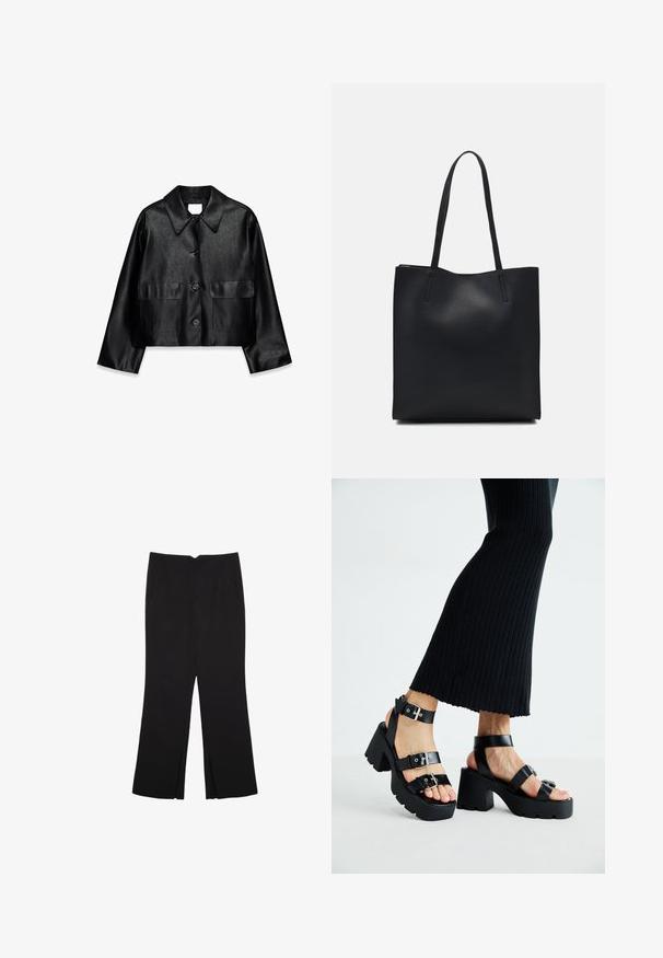 Črno umetno usnjeno kratko jakno s širokim koničastim ovratnikom, dolgimi rokavi, sprednjimi gumbi in dvema zloženima žepoma.; Črna bombažna majica s kratkimi rokavi, ki ima majhen roza metuljček na levi strani prsnega dela. Majica s krožnim ovratnikom in sproščenim krojem.; Črne hlače ravnega kroja z naglavnimi žepi in stranskimi razporki na robu. Narejene iz mehke, gladke tkanine. Primerne za različne priložnosti.; Črne platforme s sandali in debelimi, zarezami ter več naramnicami, ki vključujejo kovinske zaponke in gladko teksturo, podobno usnju.; Črna usnjena torba s svilnato teksturo, pravokotne oblike in dvema dolgima ročajema. Brez vidnih metalnih delov ali okrasnih elementov.
