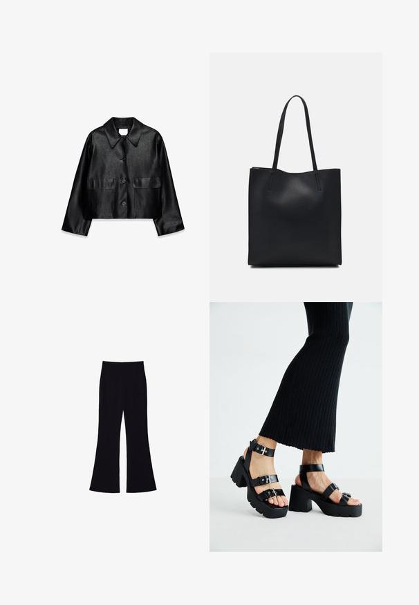 Črno umetno usnjeno kratko jakno s širokim koničastim ovratnikom, dolgimi rokavi, sprednjimi gumbi in dvema zloženima žepoma.; Črna kratkotrajna majica s kratkimi rokavi, narejena iz mehkega materiala. Ima klasičen krožni izrez in sproščen kroj. Ni vidnih vzorcev ali dodatkov.; Črne razširjene hlače z visokim pasom, brez vidnih žepov ali gumbov, prikazane na beli podlagi.; Črne platforme s sandali in debelimi, zarezami ter več naramnicami, ki vključujejo kovinske zaponke in gladko teksturo, podobno usnju.; Črna usnjena torba s svilnato teksturo, pravokotne oblike in dvema dolgima ročajema. Brez vidnih metalnih delov ali okrasnih elementov.