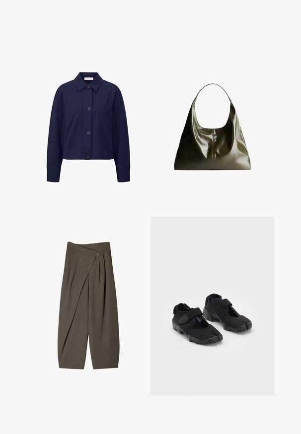 Navy blue, button-up jacket with a collar, raglan sleeves, and two front pockets. Smooth fabric with a slightly structured silhouette.; Light gray knitted long-sleeve sweater with a ribbed hem and cuffs, featuring a V-neck collar and relaxed fit.; Wide-fit trousers in dark olive green fabric, featuring a pleated front design, a button closure, and a polished, textured surface.; Black water shoes made of flexible fabric with a Velcro strap, featuring a unique split-toe design and textured rubber sole for grip.; Olive green, leather shoulder bag with a smooth, glossy finish. Features a rounded top and soft, draped shape. Minimalist design.