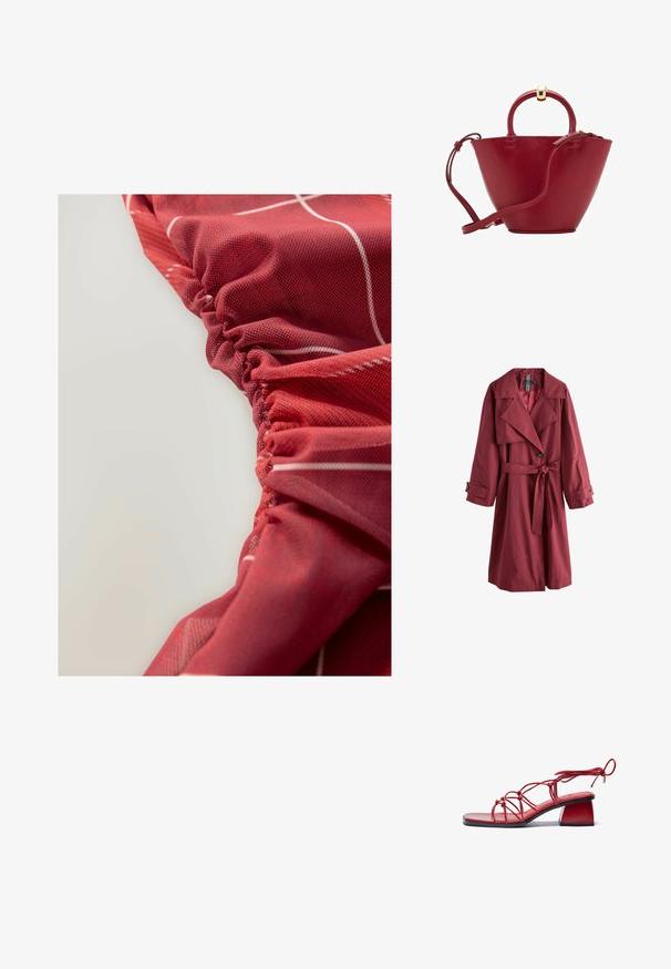 Długi burgundowy płaszcz trench z szerokimi klapami, paskiem w talii, zapięciem na guziki na mankietach oraz pojedynczym guzikiem z przodu, prezentowany na białym tle.; Czerwony, teksturowany materiał z marszczonymi detalami i białymi liniowymi wzorami, charakteryzujący się gładkim i lekko błyszczącym wyglądem.; Czerwone sandały na obcasie, wykonane z błyszczących materiałów. Charakteryzują się kwadratowym noskiem, skomplikowanym wzorem pasków oraz masywnym obcasem.; Czerwona skórzana torebka z zaokrąglonym wierzchem, o strukturalnym kształcie stożka, z krótkim uchwytem i odpinanym paskiem na ramię. Posiada złote akcenty metalowe.