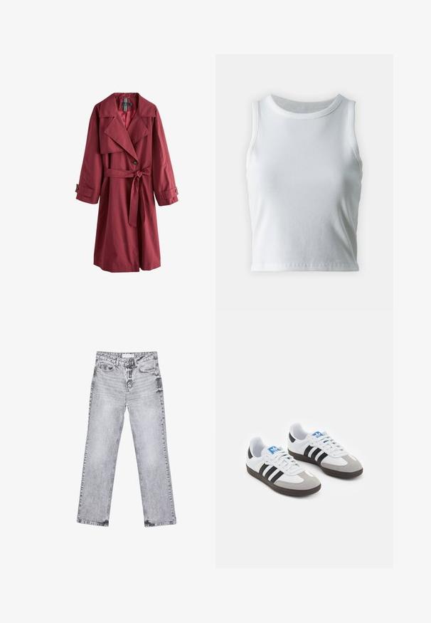 Lungo trench coat color bordeaux con ampi rever, vita con cintura, polsini abbottonati e chiusura con un solo bottone, esposto su sfondo bianco.; Top a canotta bianco a coste con scollatura rotonda e senza maniche, caratterizzato da un orlo dritto e una texture liscia e elastica.; Jeans in denim grigio con taglio dritto, dettagli sfilacciati, cinque tasche e rivetti in rame. La cintura presenta un'etichetta con il logo.; Scarpe sportive con tomaia in pelle bianca, punta in suede grigia e tre strisce nere. Presentano un logo blu sulla linguetta e una suola in gomma testurizzata.