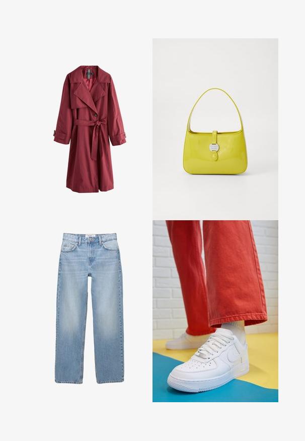Lungo trench coat color bordeaux con ampi rever, vita con cintura, polsini abbottonati e chiusura con un solo bottone, esposto su sfondo bianco.; T-shirt bianco a maniche corte in tessuto morbido. Presenta un collo rotondo e un design semplice e pulito con un orlo dritto.; Jeans in denim azzurro chiaro con design a gamba dritta, stile a cinque tasche e dettagli di cucitura visibili. Il tessuto ha una texture morbida e leggermente scolorita.; Sneaker bianco in pelle con punta perforata, suola testurizzata e lacci bianchi, abbinati a pantaloni rossi larghi e uno sfondo blu e giallo.; Borsa a mano in pelle verniciata gialla, con una forma strutturata, un manico superiore e una chiusura frontale a scatto con un accento in metallo circolare con logo.