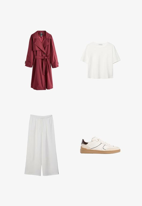 Langer burgunderfarbener Trenchcoat mit breiten Revers, tailliertem Gürtel, knöpfbaren Manschetten und einer einzelnen Knopfclosure, auf weißem Hintergrund präsentiert.; Weißes T-Shirt mit kurzen Ärmeln aus Baumwolle. Hat einen Rundhalsausschnitt und eine lockere Passform. Glatte Textur ohne sichtbare Muster oder Akzente.; Weiße, weit geschnittene Hosen aus leichtem Stoff, mit einem elastischen Bund und einem Zugband für eine verstellbare Passform. Glatte Textur.; Stradivarius Sneaker low - white