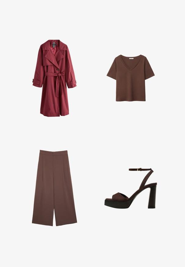 Long burgundy trench coat with wide lapels, belted waist, buttoned cuffs, and single button closure, displayed on white background.; Brown cotton t-shirt with short sleeves and a deep V-neck. Simple design, soft texture, and straight hemline. No patterns or accents.; Brown wide-leg trousers with a smooth texture, featuring a high waist and front pleats. The fabric is lightweight and flows loosely.; Brown suede high-heeled sandal with an open toe, adjustable ankle strap, and a striped platform sole.
