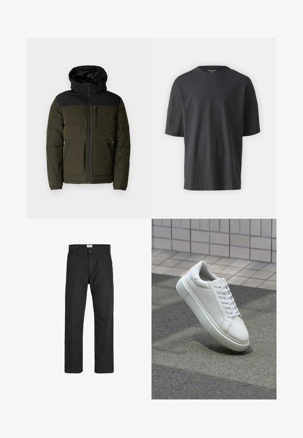 Olīvzaļš pūkains jakas ar melnu kapuci un pleciem. Aprīkota ar priekšējo rāvējslēdzēju, sānu kabatām un krūšu kabatu ar vāciņu.; Melnas īsām piedurknēm t-krekls, kas izgatavots no kokvilnas, ar apaļu kakla izgriezumu un brīvu piegriezumu. Nav redzami nekādi raksti vai akcenti.; Melnas bikses no izturīga auduma, ar taisna griezuma dizainu, izšūtām akcentiem un divām priekšējām kabatām funkcionālitātei.; Baltas ādas sporta apavi ar gludu virsmu, apaļu pirkstu un plakanām baltām šņorēm. Iezīmējas ar strukturētu gumijas zoli un minimālisma dizaina elementiem.