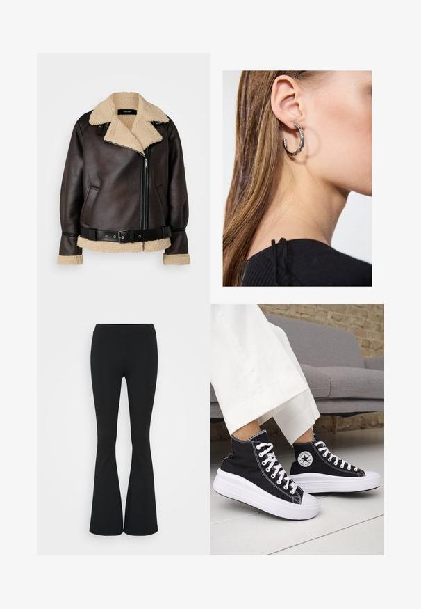 Vero Moda Tall VMJOANNA JACKET - Bunda z umělé kůže - chocolate torte/silver mink; Černá blůza vyrobená z měkké tkaniny s vysokým volánkovým výstřihem, klíčovou dírkou na přední části a dlouhými slavnostními rukávy s přiléhavými manžetami.; Černé zvonové kalhoty vyrobené z elastického materiálu, s vysokým pasem a hladkou texturou. Kalhoty se rozšiřují od kolene.; Černé vysoké tenisky s bílými gumovými podrážkami a tkaničkami. Mají kulatou nášivku s logem a kontrastní bílé prošití. Materiál plátno.; Stříbrný kruhový náušník s lesklým povrchem, zdobený malými zlatými akcenty, v kulatém tvaru, nošený na lalůčku.