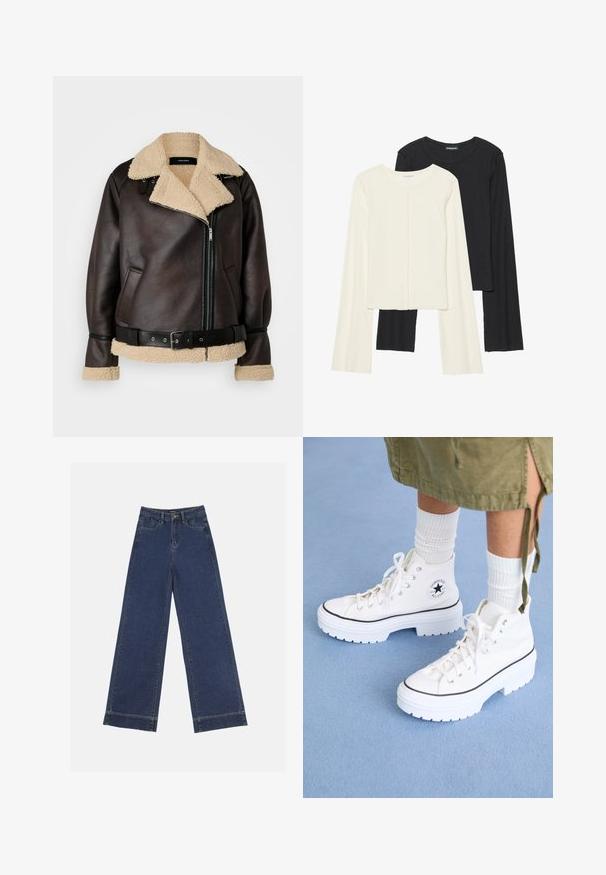 Vero Moda Tall VMJOANNA JACKET - Imitert skinnjakke - chocolate torte/silver mink; Sett med to langermede topper i hvit og svart. Ribbete tekstur, rund hals, tettsittende design med lett utsvingte ermer.; Videbenede dressbukser i mørkeblå denim. Har fem lommer, beltestropper og en rå kant i bunden med synlige stikninger.; Hvite høye sneakers med et strukturert kanvasskinn, gummitåhette og tykk hvit plattformsåle. Har svarte detaljer og hull for snøring.