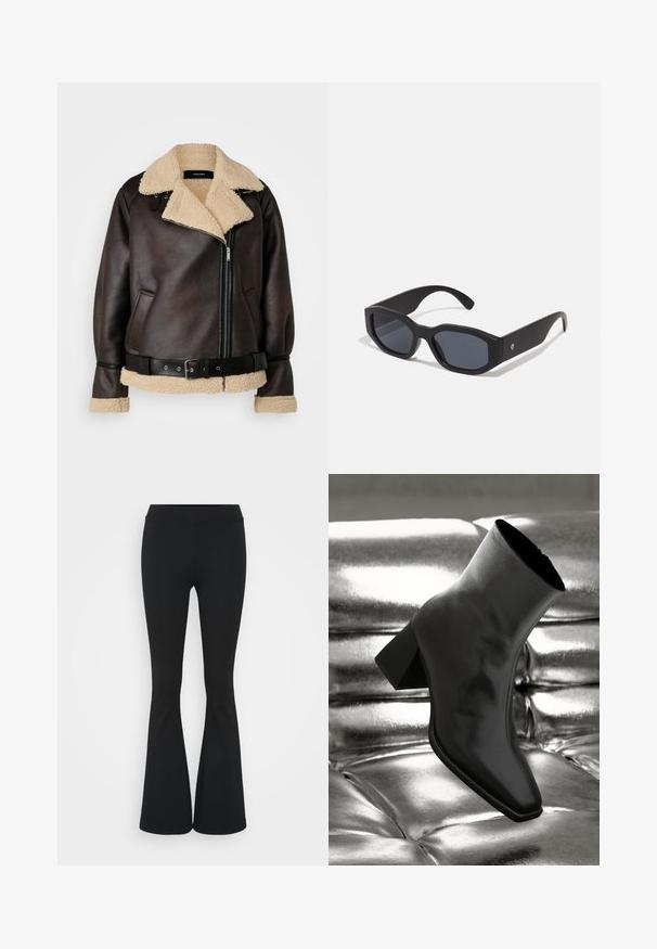 Vero Moda Tall VMJOANNA JACKET - Jachetă din imitație de piele - chocolate torte/silver mink; Trei tricouri ajustate, în alb, gri și negru. Fiecare are un decolteu larg în formă de cerc și mâneci scurte. Fabricate dintr-un material neted și elastic.; Pantaloni negrii evazați dintr-un material elastic, având un talie înaltă și o textură netedă. Pantalonii se lărgesc de la genunchi.; Cizme negre până la gleznă, realizate dintr-un material lucios, cu vârf pătrat și toc conic, plasate pe un fundal strălucitor de argint, cu un model tuftat.; Ochelari de soare negri cu rame dreptunghiulare, finisaj mat, lentile întunecate și brațe ușor curbate. Accente subtile cu logo pe o ramă.; Cercei creole din argint cu suprafață netedă și lucioasă, având o formă curbată și închidere cu tija. Design minimalist cu un finisaj modern.