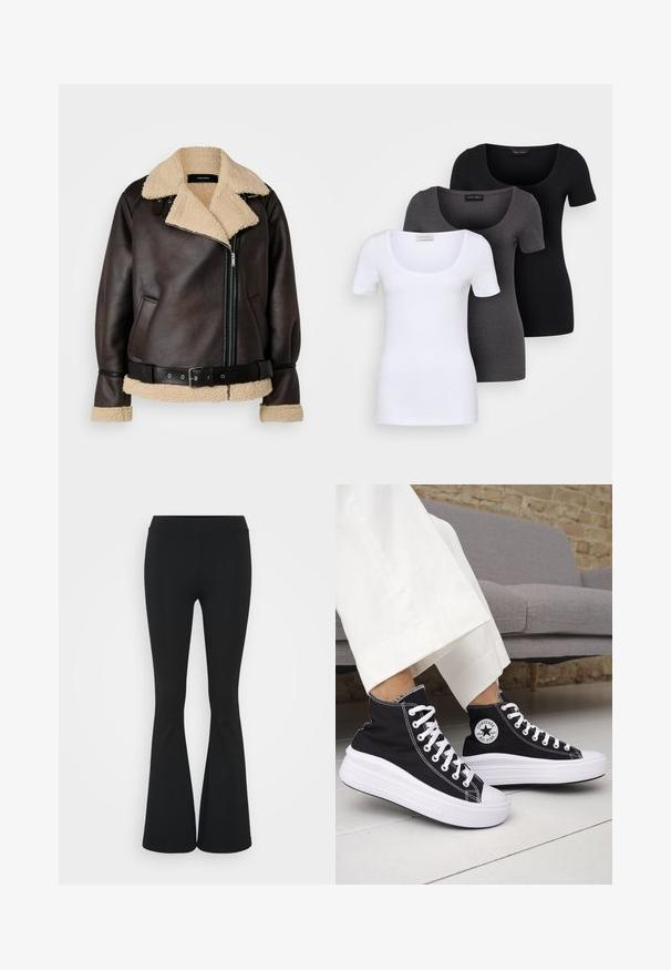 Vero Moda Tall VMJOANNA JACKET - Imitert skinnjakke - chocolate torte/silver mink; Tre figurerte T-skjorter i hvit, grå og svart. Hver har en bred scoop-nakke og korte ermer. Laget av glatt, elastisk stoff.; Svarte flared bukser laget av elastisk stoff, med høy midje og en glatt tekstur. Buksene vidder ut fra kneet.; Svarte høye sneakers med hvite gummisåler og lisser. Har et rundt logo-merke og kontrasterende hvite sømmer. Laget av lerret.