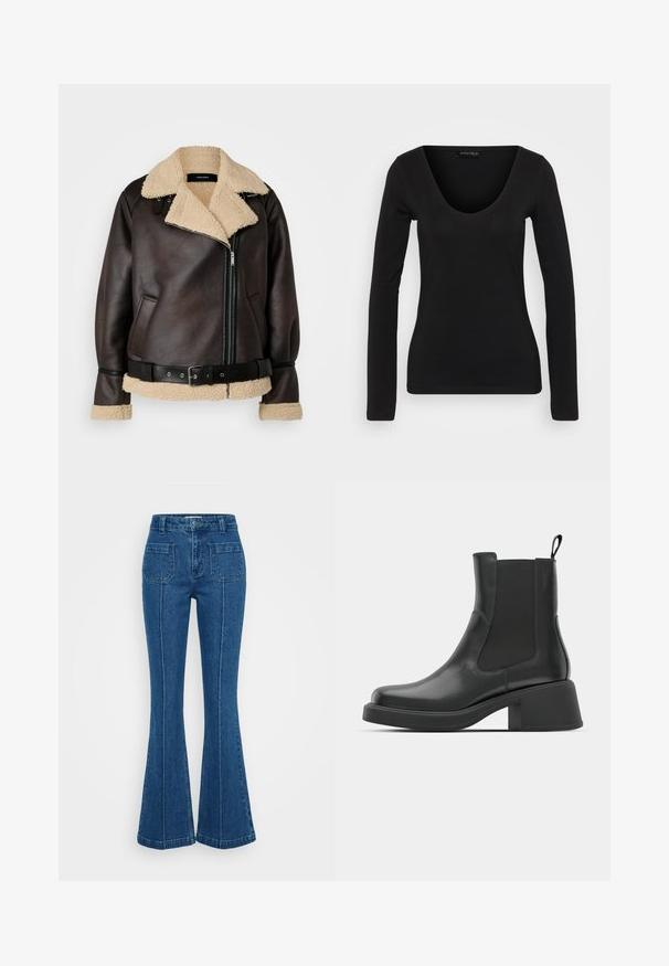 Vero Moda Tall VMJOANNA JACKET - Jachetă din imitație de piele - chocolate torte/silver mink; Top negru cu mâneci lungi, realizat dintr-un material moale, cu decolteu adânc în V și croială mulată, având o textură netedă și cusături minimale.; Jeans evazate albastre, din denim, cu talie înaltă, două buzunare pe spate și cusături pronunțate pe laturile cusăturii.; Botine negre din piele, cu panouri elastice pe laterale, vârf rotund și toc gros. Textură netedă cu un design minimalist.