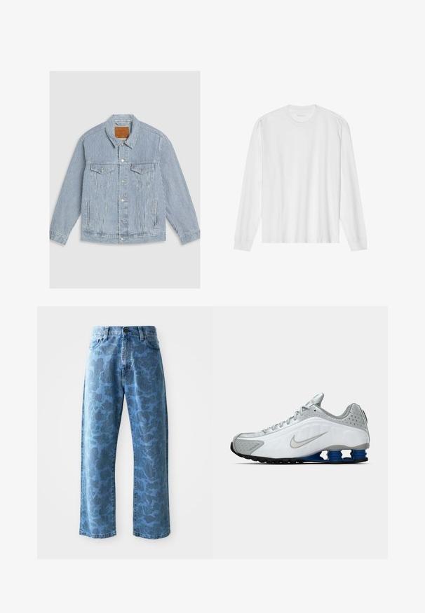 Prugasta traper jakna u svijetloplavoj i bijeloj boji. Ima dugmad sprijeda, dva džepa na prsima i klasični ovratnik. Teksturirana tkanina s detaljima šivanja.; Bijela pamučna majica dugih rukava s okruglim izrezom, sa rebrastim manžetnama i ravnim rubom, glatke teksture i minimalističkog dizajna.; Svijetloplave traperice s suptilnim tonskim cvjetnim uzorkom, široke nogavice, dizajn s pet džepova i kopčanje na gumbe na struku.; Bijela i siva Nike tenisica za trčanje sa srebrnim "swoosh"-om, plavi sole s opružnim izgledom i crnim gaznim slojem na jednostavnoj pozadini.