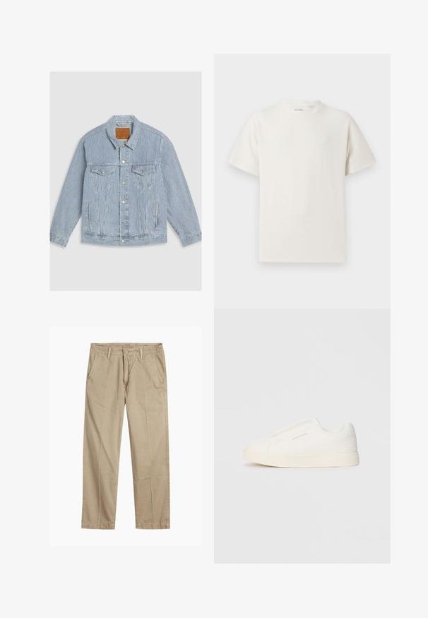 Triibuline denim jope helesinises ja valges. Omab nööpidega esist, kahte rinna taskut ja klassikalist kraed. Tekstuuriga kangas koos õmbluse detailidega.; Valge lühikeste varrukatega T-särk ribakudumises. Ümar kaelus, mugav lõige, nähtavad mustrid ega aksessuaarid puuduvad. Lihtne ja mitmekesine disain.; Beeži sirged säärte chinos-püksid, millel on vööloopide, esipainutatud nupud ja tõmblukk ning kaldega esikotid.; Valged libisemiskindlad tossud tekstuuriga pinnaga, paksu tallaga ja minimalistikus disainis. Küljel on brändi logo.