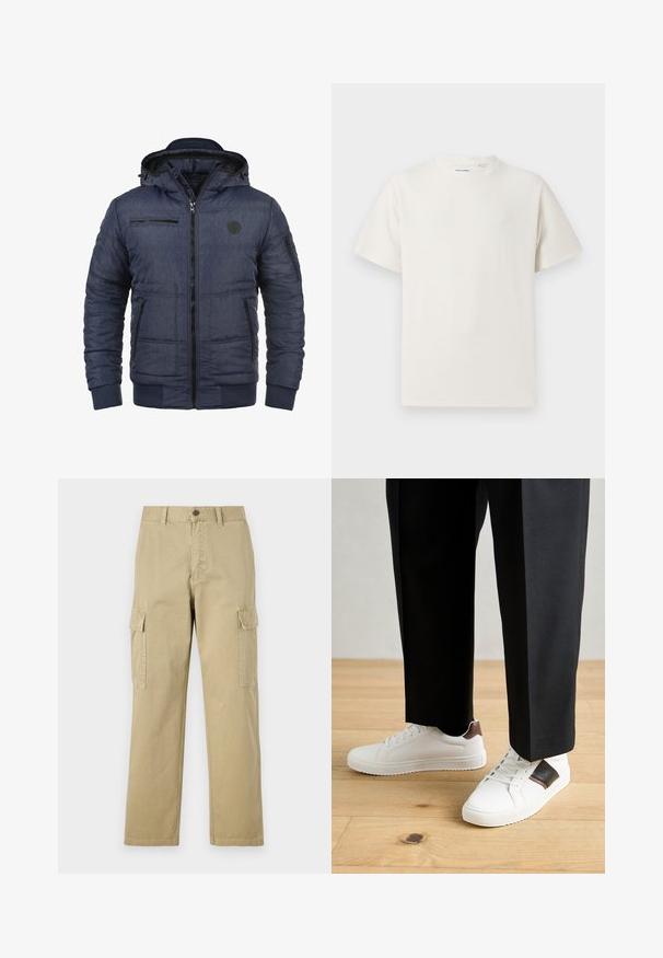 Tengerészkék steppelt dzseki cipzáros elülső résszel, állítható kapucnival és bordázott mandzsettákkal. Több cipzáras zsebbel és texturált anyaggal rendelkezik.; Fehér, rövid ujjú póló bordázott textúrával. Kerek nyakkivágás, laza szabás, nincs látható minta vagy díszítés. Egyszerű és sokoldalú dizájn.; Beige vászon cargo nadrág, két oldalsó zsebbel, gombos záródással, egyenes lábakkal és enyhén texturált anyagból készült.; Fehér sneaker, sima textúrával, barna bőr díszítéssel és fekete részletekkel, fekete szabott nadrággal párosítva. Fából készült padló háttér.
