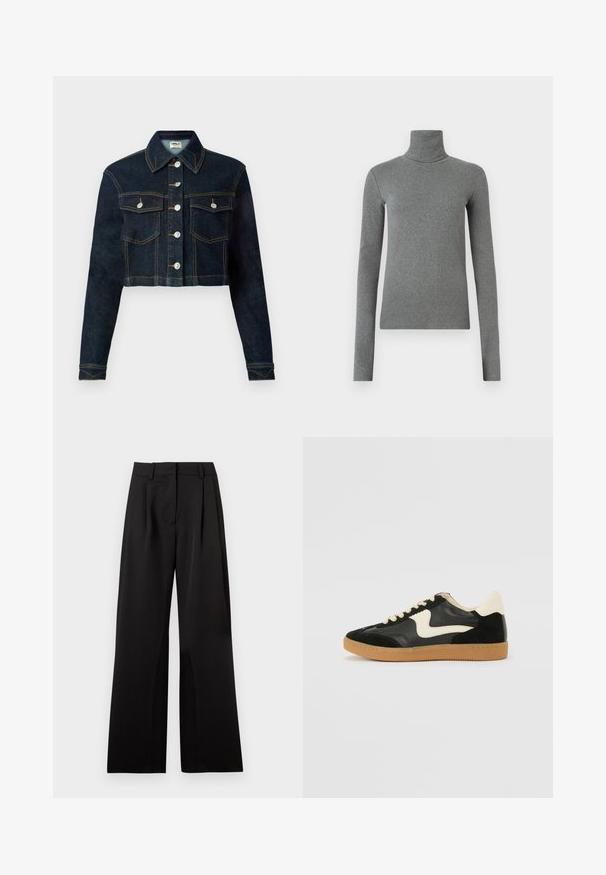 Tamsiai mėlynas trumpintas džinsinis švarkas su klasikiniu apykakle, ilgomis rankovėmis, mygtukais priekyje ir dviem krūtinės kišenėmis. Kontrastingos siūlės prideda detalumo.; Pilkas golfas, pagamintas iš lygaus, elastingo audinio. Ilgos rankovės, prilipęs dizainas, minimali tekstūra, be matomų raštų ar metalinių detalių.; Juodos plačios kelnės su lygiu paviršiumi, su priekinėmis klostėmis, platu liemenu ir dirželių kilpomis. Paprastas, sutvarkytas dizainas.; Juodos zomšo ir odos sportinės bateliai su kreminiu šoniniu swoosh ir šviesiai kreminiu kulnu. Ypatybės - smėlio spalvos raišteliai ir guminis padas.