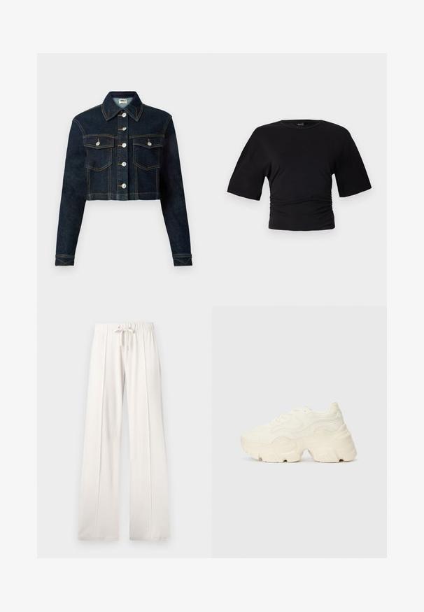 Zkrácená džínová bunda v tmavě modré barvě s klasickým límcem, dlouhými rukávy, zapínáním na knoflíky a dvěma náprsními kapsami. Kontrastní šití přidává detail.; Gina Tricot SOFT TOUCH RUCHED TEE - Jednoduché tričko - black; Světle béžové tepláky vyrobené z měkké látky, s pasem na šňůrku, širokými nohavicemi a vertikálními švy, s hladkým povrchem.; Chunky bílé tenisky vyrobené z texturované síťoviny a syntetických materiálů, s tlustou podrážkou a složitými vzorovými detaily podél stran.