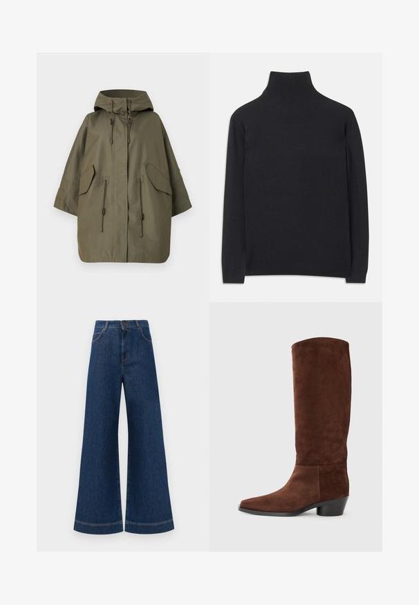 WEEKEND MaxMara USA - Lietpaltis - kaki; Juodas golfas, pagamintas iš minkštos medžiagos. Jis turi ilgomis rankovėmis, aukštu kaklu ir šonkauliniais rankogaliais bei apvadu, suteikiančiais prigludusį įvaizdį.; Plati mėlynos džinsinės kelnės su aukštu liemeniu, turinčios mygtukų užsegimą, diržo kilpas ir subtilius siuvinėjimo akcentus ant kišenių bei apdailos.; Rudi suki batai iki kelių, kvadratinėmis pirštų dalimis, tekstūruota paviršiumi ir žema blokuota pakulne. Paprastas dizainas be matomų detalių ar akcentų.