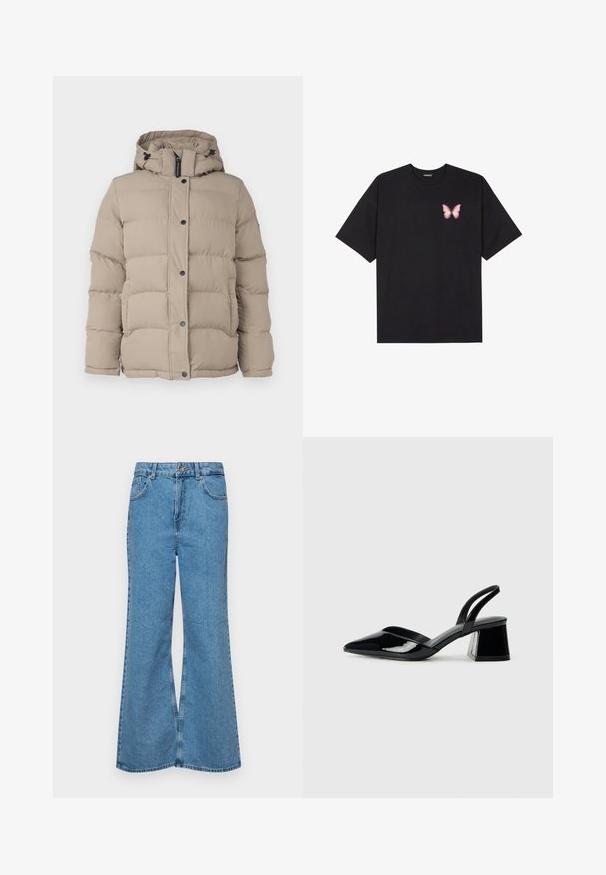 Beige dunjakke med hette, med kviltet design, trykknapper og snorer ved kragen for justerbar passform.; Svart bomulls T-skjorte med korte ermer, med en liten rosa sommerfugl grafikk på venstre bryst. Crew-neck design med en avslappet passform.; Lyseblå vide jeans laget av denim, med høyt liv, fem lommer og en enkelt knappelukking. Myk tekstur med falmet finish.; Svarte patentlær slingback hæler med spiss tå og geometrisk blokk hæl. Har et stilrent, minimalistisk design og jevn tekstur.