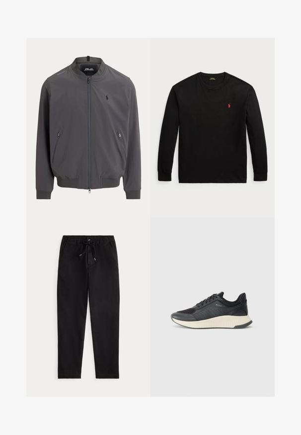 Men's bomber jacket, dark gray, lightweight fabric, front zipper, two zippered side pockets, ribbed cuffs and hem, small logo on chest.; Black long-sleeve t-shirt made of cotton. Features a crew neck, ribbed cuffs, and a small red embroidered logo on the chest. Smooth texture.; Black casual trousers with elastic waistband, drawstring tie, front button, and side pockets, displayed on a plain background.; Black athletic sneaker featuring a mesh upper with perforations, a textured midsole in cream, and a rubber outsole for traction.