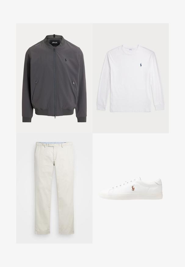 Vyriška bombonešio striukė, tamsiai pilka, lengva medžiaga, priekinis užtrauktukas, du šoninės kišenės su užtrauktuku, riboto stiliaus rankogaliai ir apačia, mažas logotipas ant krūtinės.; Balta ilgomis rankovėmis marškinėliai iš medvilnės. Gali būti apvalios formos kaklas, raukšlės ant rankovių, ir nedidelis tamsiai mėlynas polo logotipas kairėje krūtinės pusėje.; Šviesiai rudi medvilniniai chinos tipo kelnės su plokščiu priekiniu dizainu, diržo kilpomis ir šoninėmis kišenėmis. Tiesaus kirpimo dizainas su lygiu paviršiumi ir lengvu, kvėpuojančiu jausmu.; Baltos odinės sportbačiai, žemo profilio, su lygia tekstūra, apvalia nosimi, raištelių sistema priekyje ir mažyte siuvinėta logo šone.