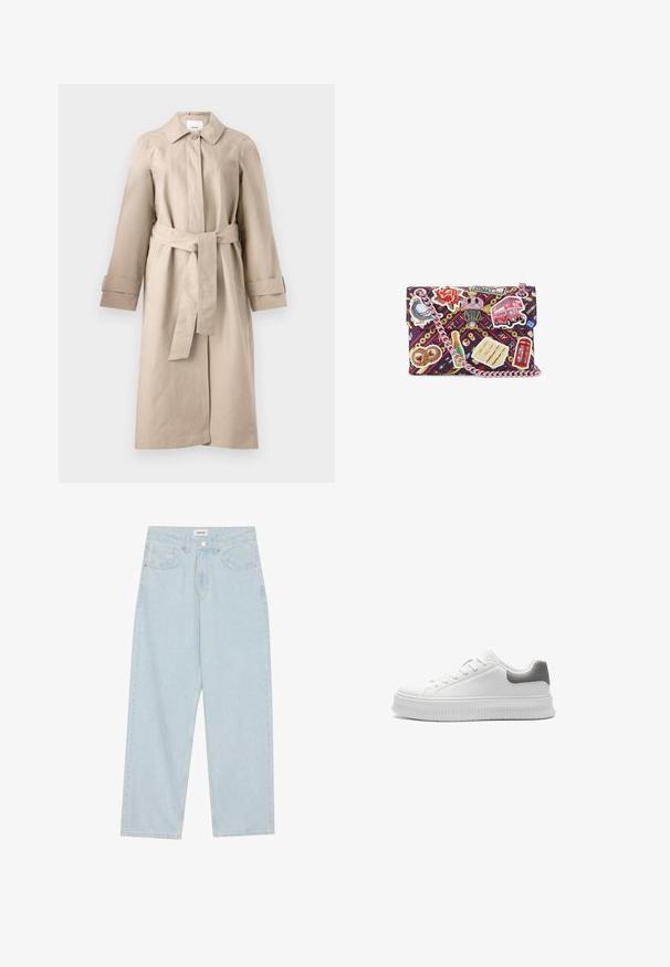 Beige trenchcoat met een kraag, knoopsluiting, ceintuur in de taille en lange mouwen met manchetdetails. Gladde stof met een minimale textuur.; Korte lichtblauwe sweatshirt gemaakt van zachte stof, met lange mouwen en een geborduurd bloemenpatroon op de borst.; Lichtblauwe wijde spijkerbroek van denim, met een middellange taille, vijf zakken en een knoopsluiting met een slanke metalen accent.; Witte sneaker met een gladde synthetische bovenkant, een gestructureerde grijze hielaccent, ronde neus en een dikke ribbelzool. Vetersluiting met minimale branding.; Kleurvolle crossbody tas van paarse stof, versierd met verschillende patches, waaronder voedselitems en bezienswaardigheden, en een roze kettingband.