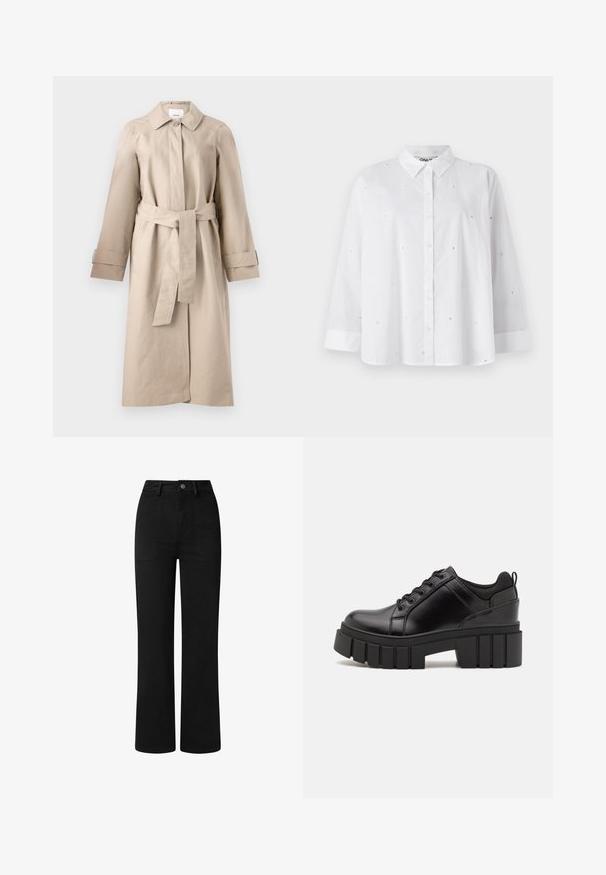 Béžový trenčkot s límcem, zapínáním na knoflíky, páskem v pase a dlouhými rukávy s detailem na manžetách. Hladká látka s minimální strukturou.; Bílá košile s dlouhými rukávy vyrobená z lehkého materiálu, s malými výřezmi ve tvaru srdce a klasickým límečkem.; Černé kalhoty s vysokým pasem a rovnými nohavicemi, vyrobené z hladké bavlněné tkaniny. Mají přední kapsy a jednoduché kovové zapínání na knoflík.; Černé kožené platformové boty s masivním blokovým podpatkem, kulatou špičkou a tradičním šněrováním. Mají hladký povrch a minimální detaily.