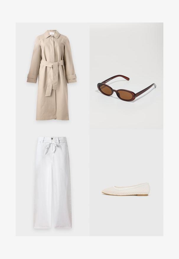 Manteau beige avec col, fermeture à boutons, taille ceinturée et manches longues avec détails aux poignets. Tissu lisse avec une texture minimale.; Chemise à manches longues bleu clair avec un col boutonné, une poche poitrine simple et une coupe décontractée. Texture de tissu douce et design classique.; Pantalons larges blancs en coton. Dotés d'un cordon de serrage à la taille et d'une fermeture à bouton. Texture lisse avec un design minimaliste.; Chaussure plate blanche avec un design en maille, un bout pointu et une semelle basse et plate. Tige texturée avec une doublure lisse et une bordure de contraste subtile.; Lunettes de soleil rondes teinte brun avec une monture bordeaux brillante. Branches fines avec un détail de marque subtil. Design de verres plats.; Sac en cuir marron de style hobo avec une forme arrondie, mettant en avant un accent en métal doré et des coutures contrastantes. Assorti à une chemise en denim et un jean.